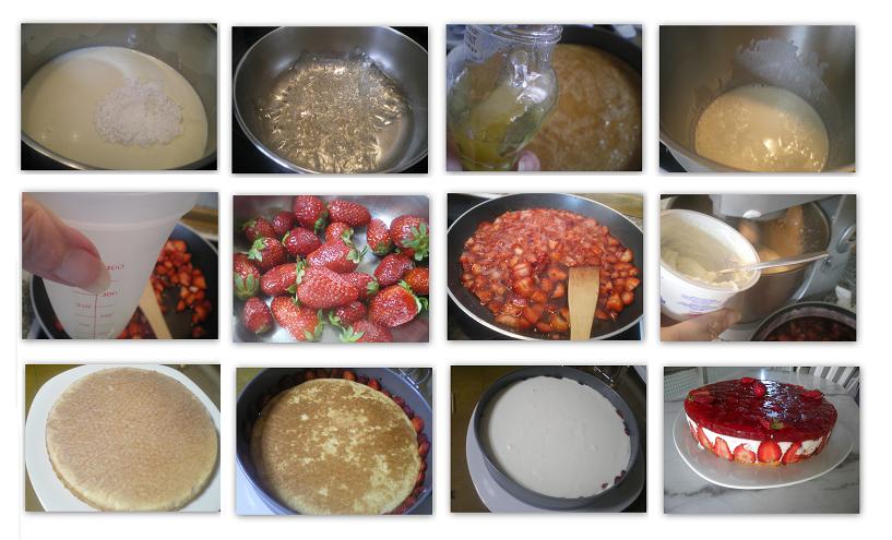 Κολάζ προετοιμασία του γλυκού Επιδόρπιο με ζελέ φράουλας και Μους γιαουρτιού φωτογραφία