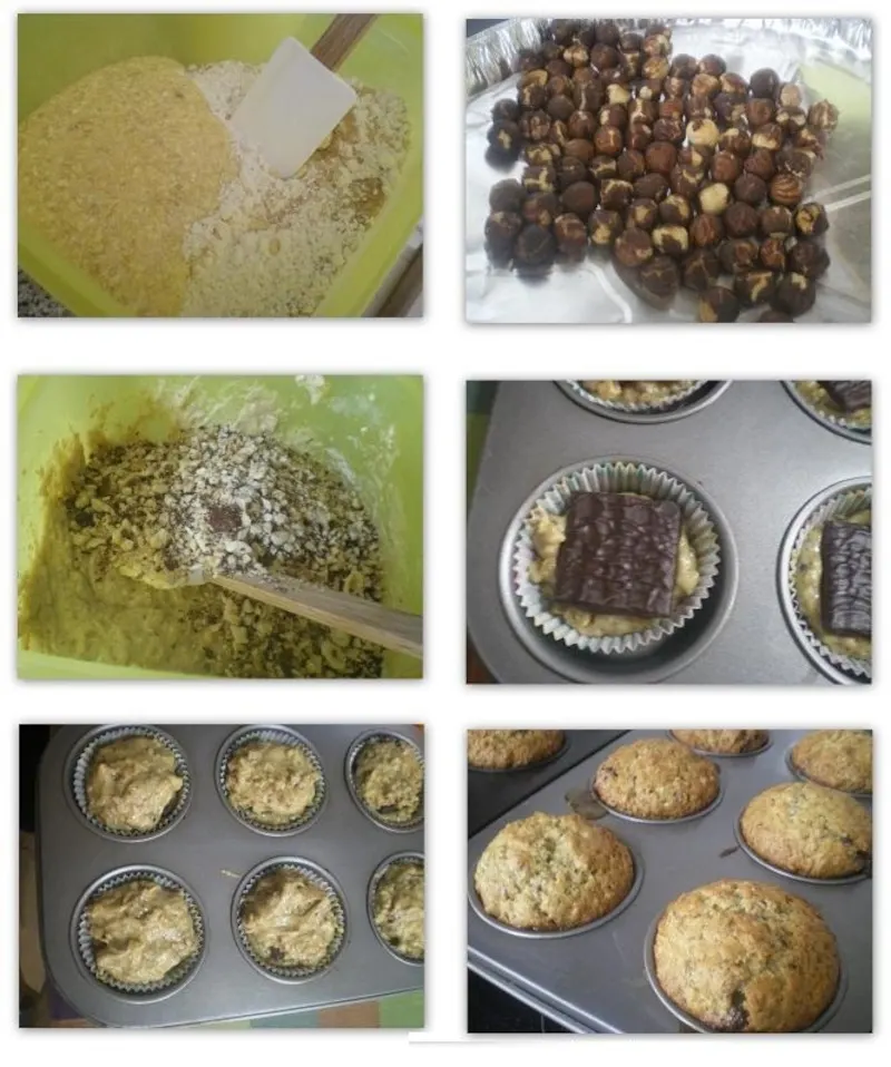 Collage banana and hazelnut muffins Κολάζ Μπανάνα Μάφινς με σοκολατάκια μέντας εικόνα