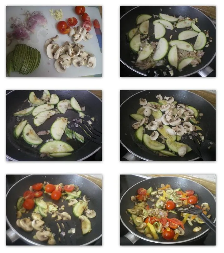 Κολάζ ετοιμασία ζυμαρικών με σοταρισμένα λαχανικά εικόνα