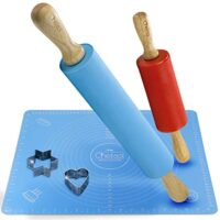Chefast Non-Stick Rolling Pin and Pastry Mat Set: Combo Kit of Large and Small Silicone Dough Rollers, Reusable Kneading Mat with Measurements, and 2 Stainless Steel Cookie Cutters for Baking