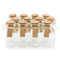 Glass Favor Jars With Cork Lids - Mason Jar Wedding Favors - Apothecary Jars Milk Bottles With Personalized Label Tags and String - 3.4oz [12pc Bulk Set] Ideal For Spices, Candy and Candle Making