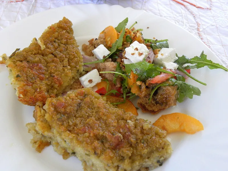 Fava and bulgur pie with dakos apricot salad image