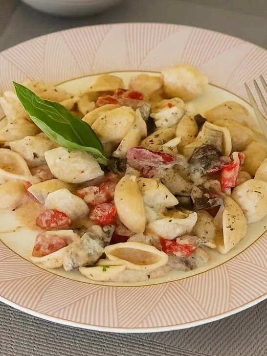 Κοχυλάκι με Ψητές Μελιντζάνες, Ντοματίνια και Φέτα